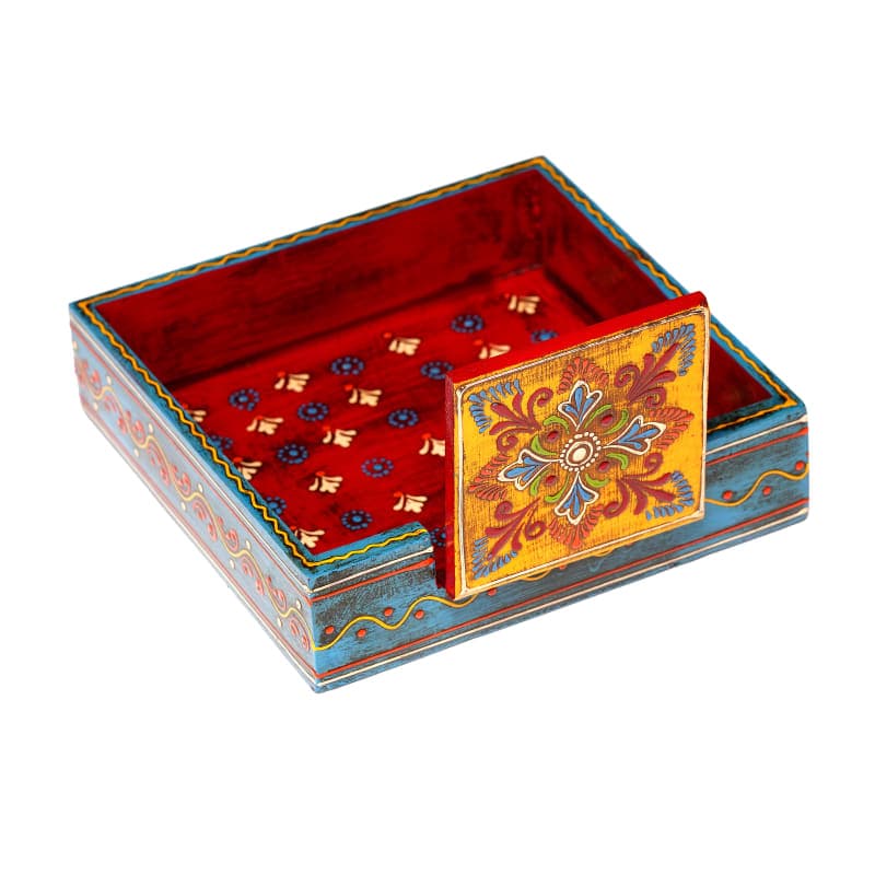 Aangan — Handcrafted Wooden Napkin & Tissue Holder, Jodhpur — Blue & Red