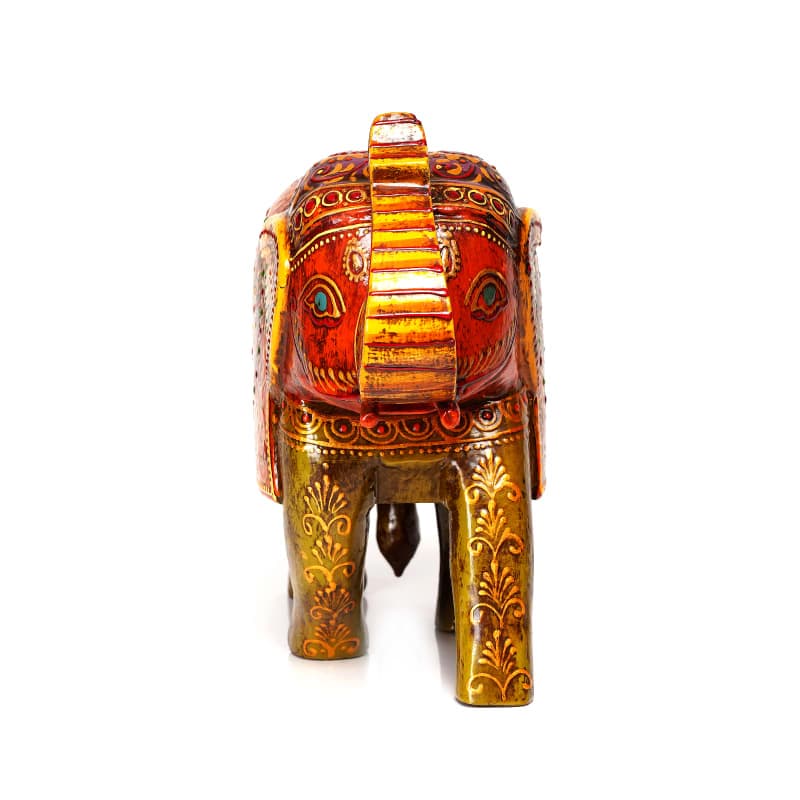 Channapatna Folk Elephant — Orange & Golden (Up-Tusk; 8")