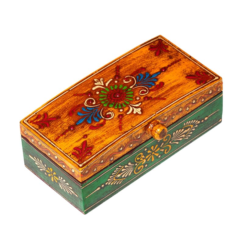 Hand-Painted Jewelry Box — Orange Lid; Green Body